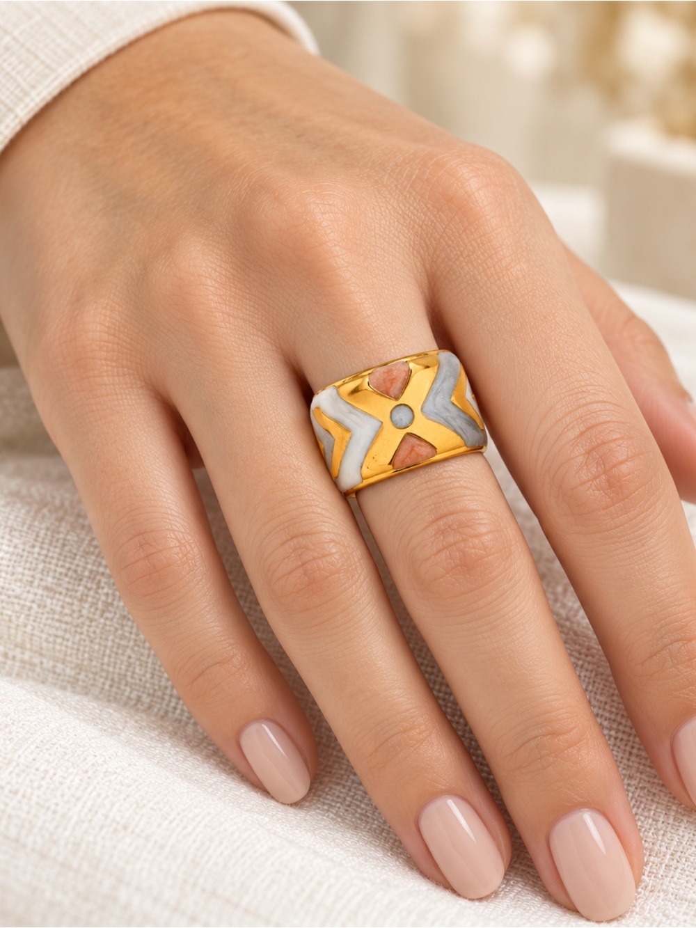 Anthropologie 18K Gold Colorblock Enamel Wide Band Ring Bohemian
